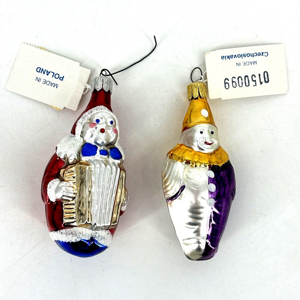 Vintage Poland & Czech Mercury Glass Clown Christmas Ornament Lot Accordion Tags